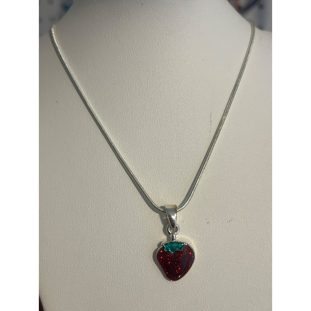 Strawberry Pendant Necklace Silver Tone Chain Courtney C Red Glitter Enamel NWT